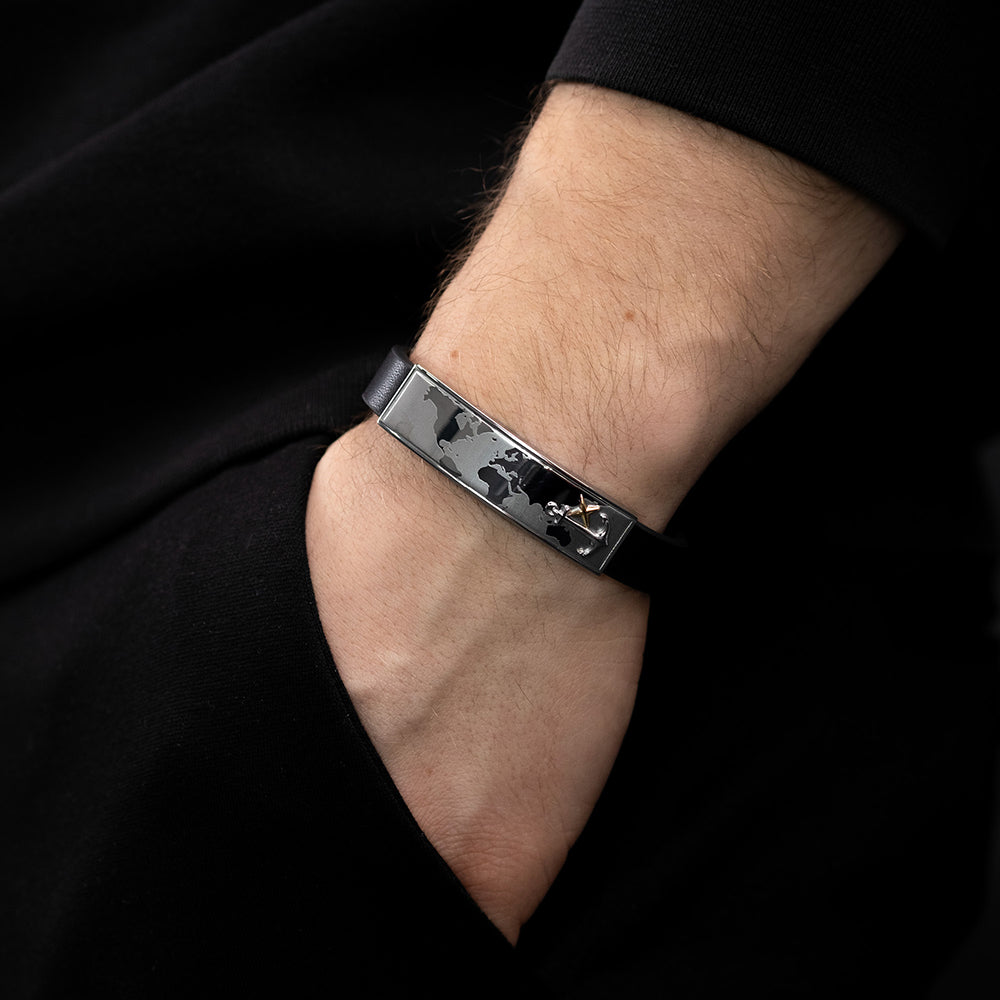 Lederarmband Worldanchor schwarz - Welt & Anker gold - SAVE BRAVE