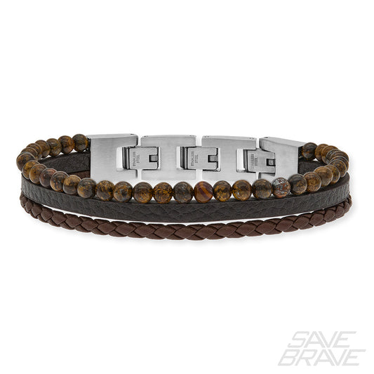 Herrenarmband Save Brave Edelstahl Leder & Onyxperlen Tyler - SAVE BRAVE