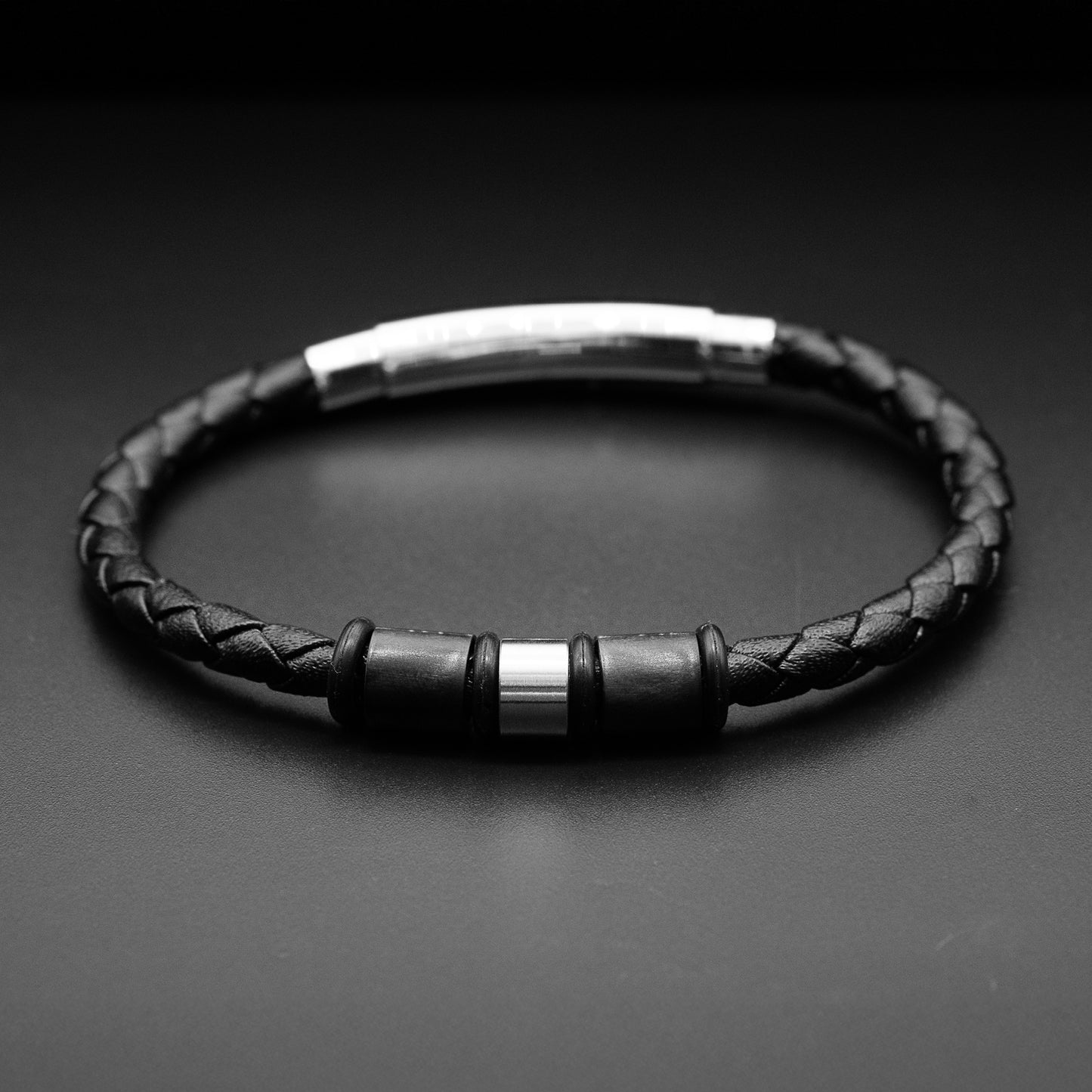 Leather bracelet Ethan with carbon beads & stainless steel