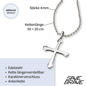 Save Brave Ankerkette Herren Edelstahl mit Kreuz Anhänger - SAVE BRAVE