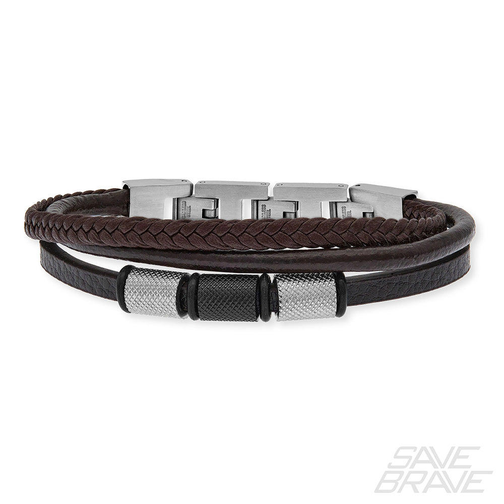 Save Brave Dreifaches Lederarmband Flynn mit Edelstahl