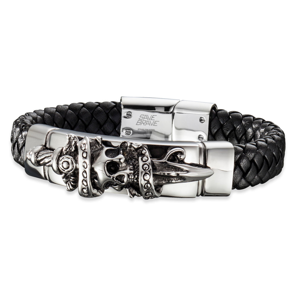 Save Brave Armband Jack mit Totenkopf aus geflochtenem Leder & Edelstahl