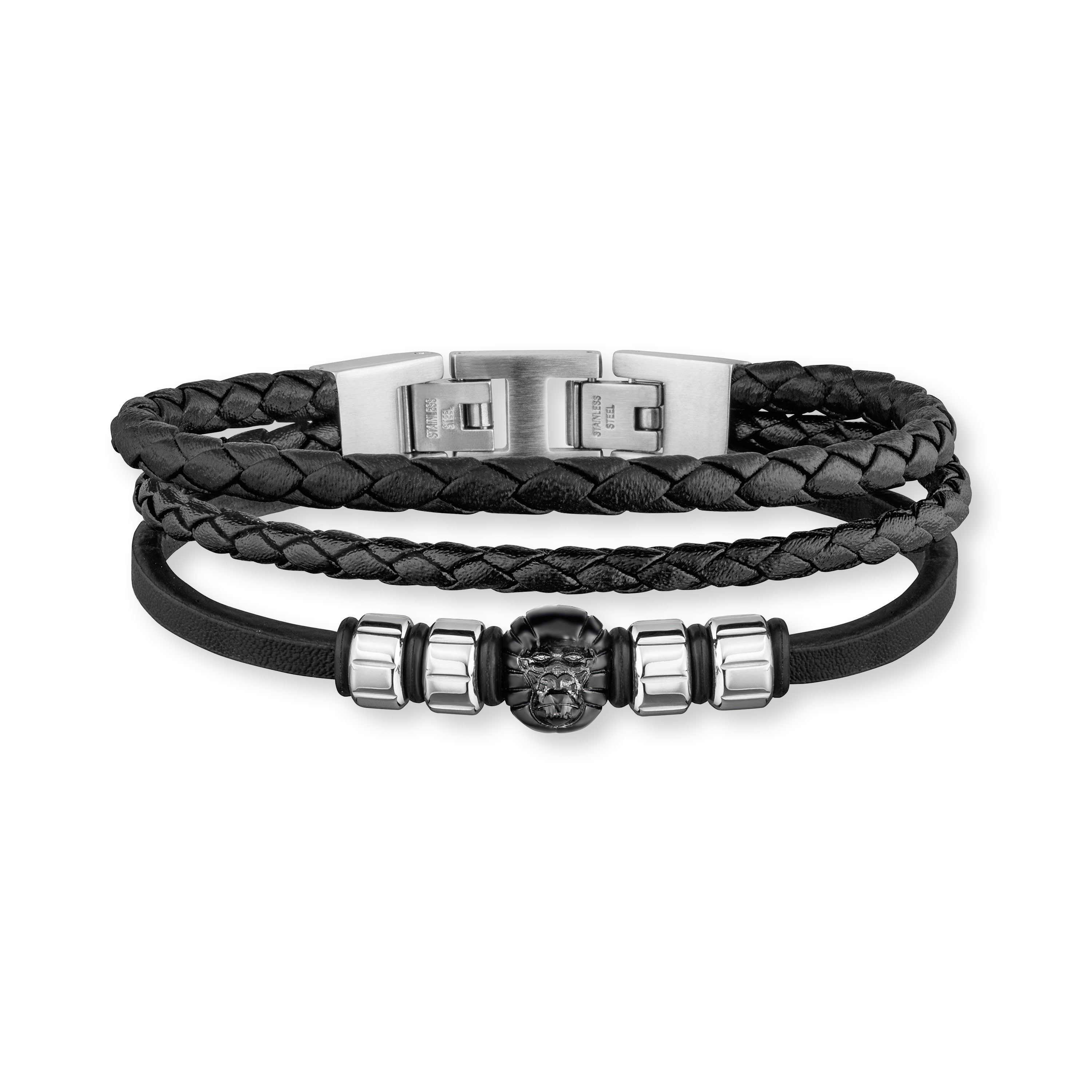 Save Brave Dreifach gewickeltes Lederarmband Titus mit schwarzem Gorillakopf