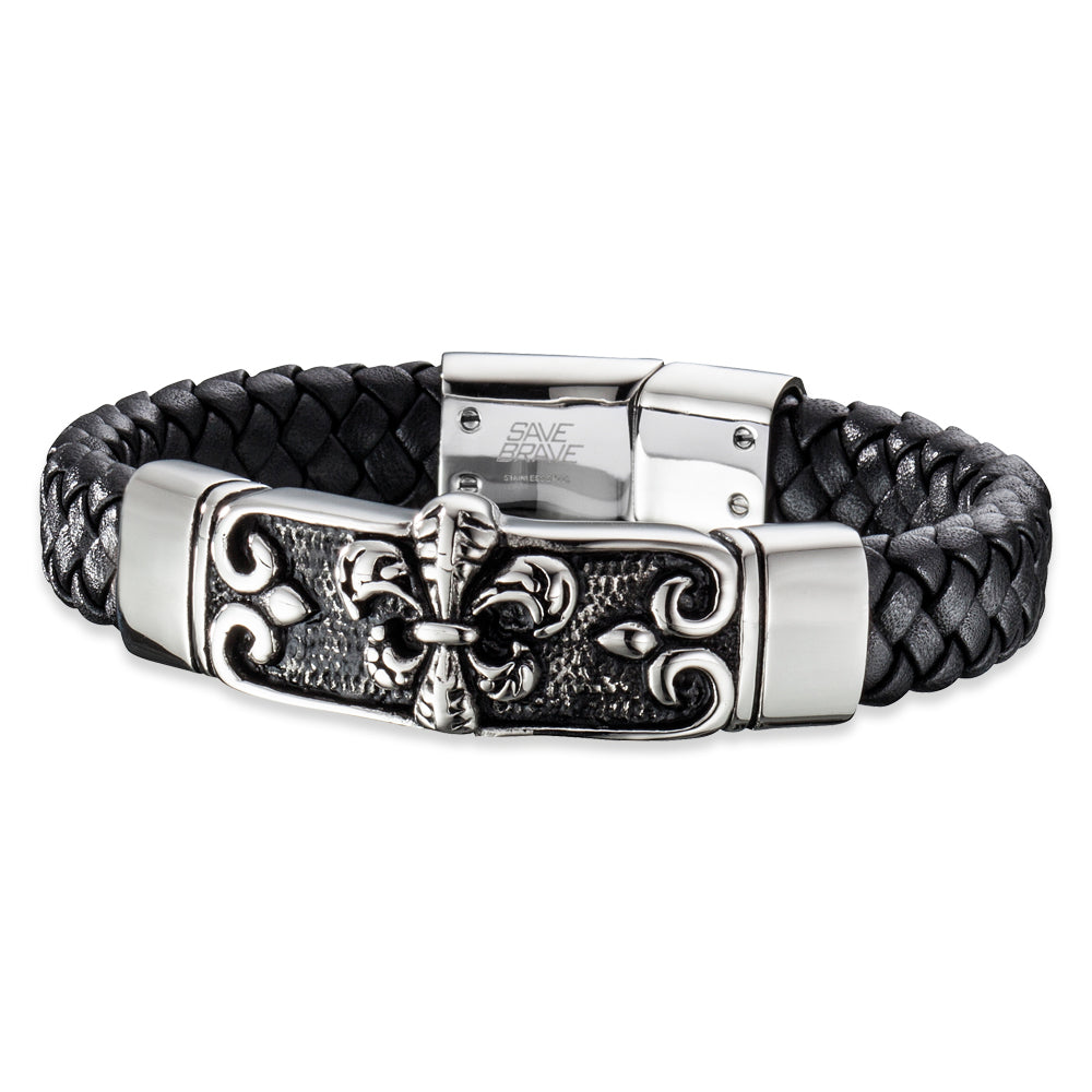 Save Brave Armband Zulu mit Fleur de Lys aus geflochtenem Leder & Edelstahl